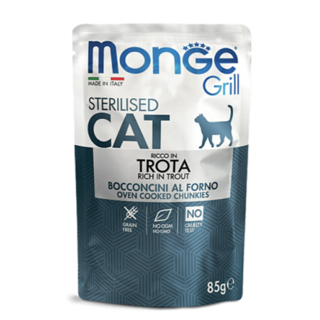 Вологий корм Monge Cat Grill Sterilised для котів стерилізованих з фореллю 85г Monge Вологий корм Monge Cat Grill Sterilised для котів стерилізованих з фореллю 85г Monge