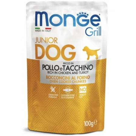 Вологий корм Monge Dog Grill Puppy & Junior для цуценят з куркою та індичкою 100г Monge Вологий корм Monge Dog Grill Puppy & Junior для цуценят з куркою та індичкою 100г Monge